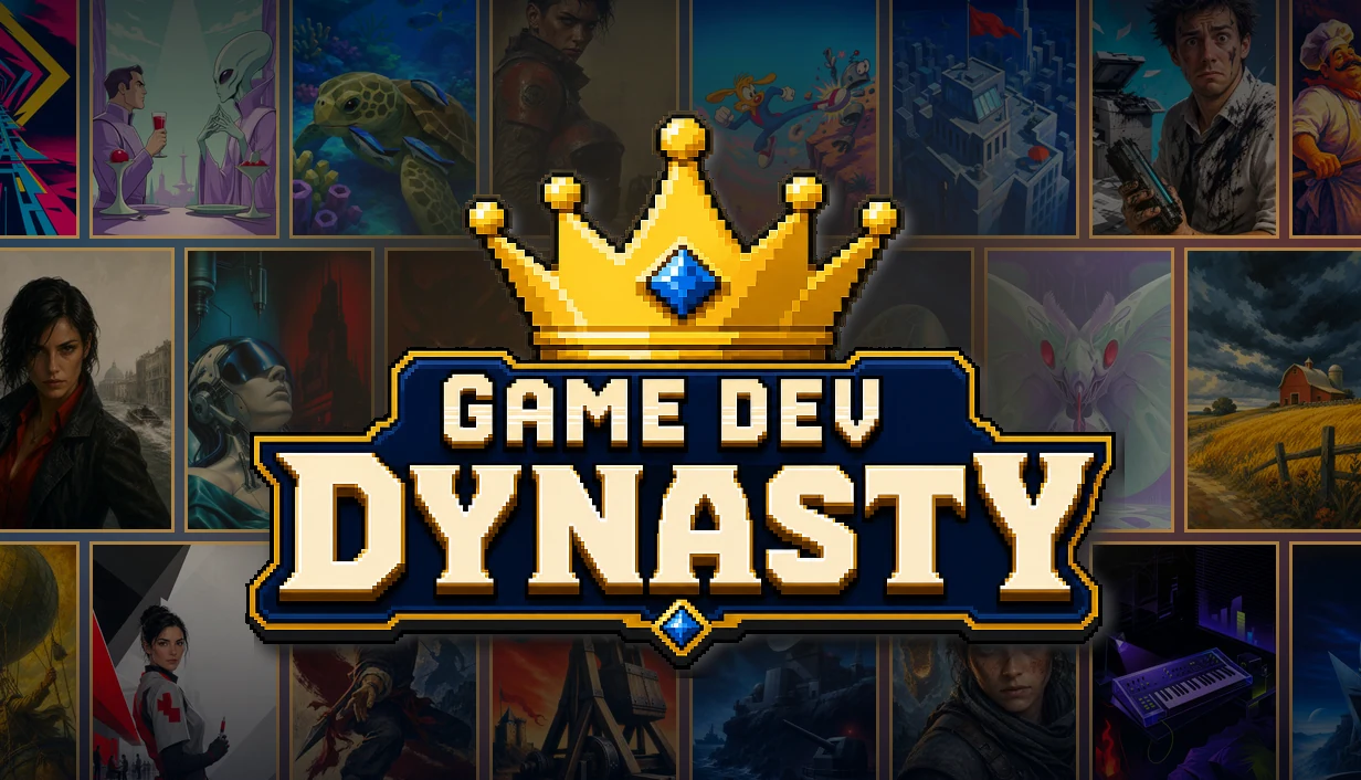 Game Dev Dynasty logo over a mosaic of illustrated in-game cover art